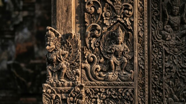 Detailed Carving On An Ornate Traditional Wooden Panel