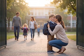 Fototapeta premium Mother kisses her son goodbye on the first day of school, with family entering school gates in background.