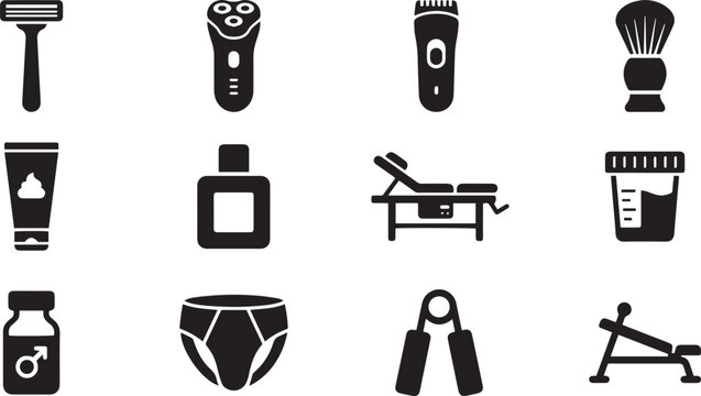 Men's grooming and fitness icons set, black solid barber shop and gym symbols, 12 male hygiene and health vector elements for web design
