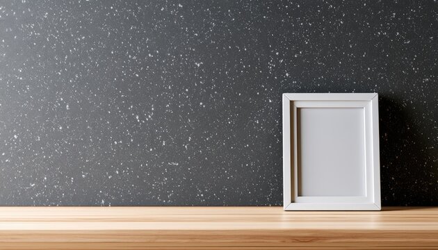Empty white frame leans against a textured wall on a wooden surface