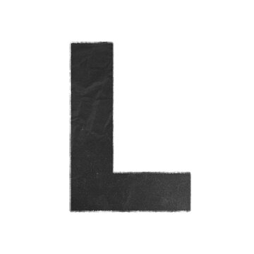 Uppercase letter L cutout from black textured paper with distressed white edges isolated on white background
