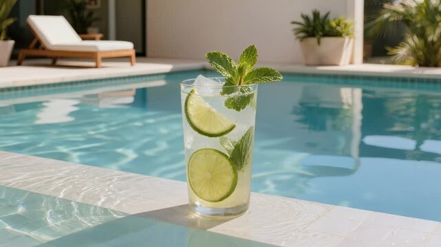 Refreshing citrus drink by poolside with sunlit lounge chairs and rippling water