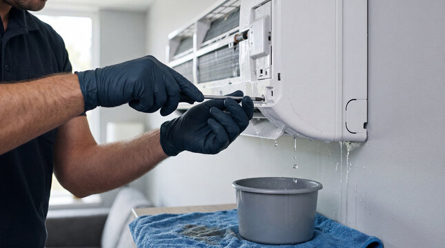 Macro View of Gloved Technician Hands Adjusting Air Conditioner Components with Screwdriver During Repair