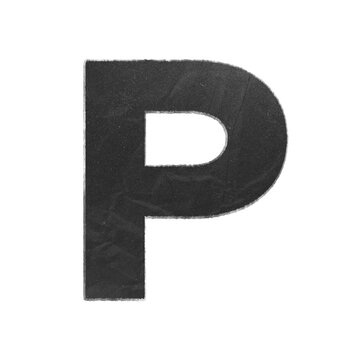 Uppercase letter P cutout from black textured paper with distressed white edges isolated on white background