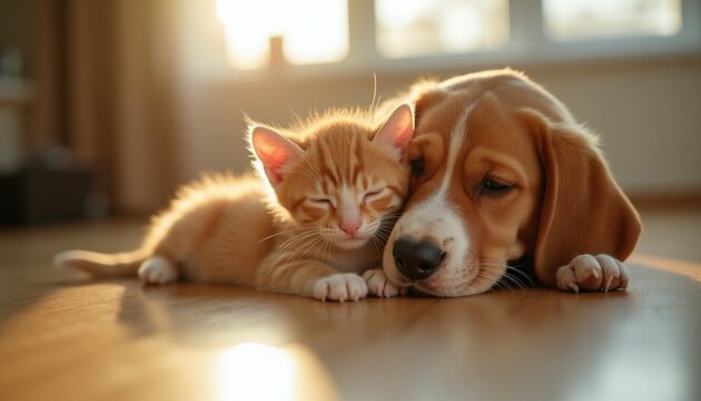 Orange kitten and beagle puppy rest together indoors. Small pets snuggle on floor in warm sunlight. Adorable animals show friendship and companionship. Cute dog and cat friends.