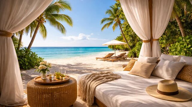 Serene tropical beach oasis: relaxation under sunlit palm canopies