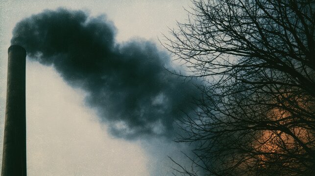 Tall smokestack expels thick black smoke against a muted sky with bare tree branches
