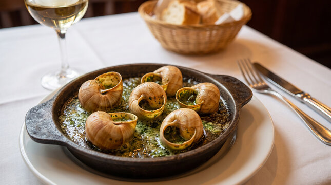 Authentic Escargots de Bourgogne baked in savory garlic and parsley butter served in a traditional hot pan. This fine French restaurant stock photo captures true elegance.