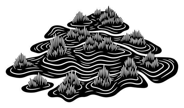 Stylized landscape vector with wavy hills and grass textures, abstract topographical mounds for organic and nature-inspired backgrounds