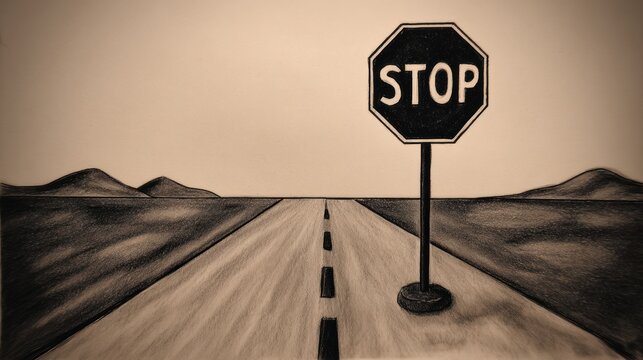 Roadside stop sign on empty highway perspective