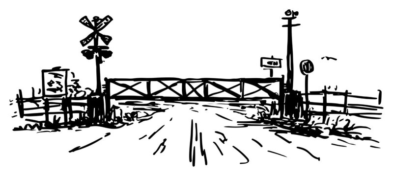 Railroad crossing with road and tracks hand-drawn sketch vector, level crossing with barrier and signs illustration, transport infrastructure