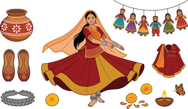 Traditional Indian Folk Dance Collection with Garba Dancer, Decorative Pot, Ghungroo, Diya, Puppets, and Cultural Festival Elements for Vector Designs