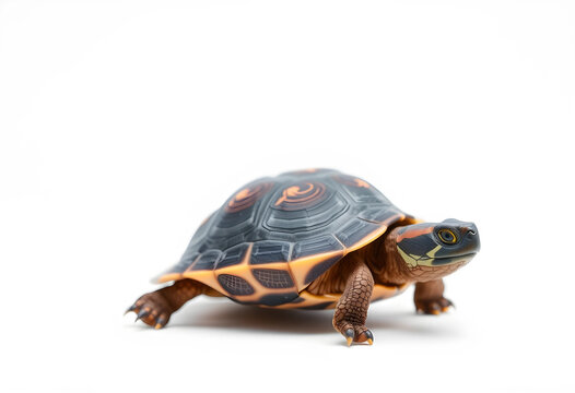 Small turtle with a patterned shell and orange markings on its head and legs, isolated on a clean white background