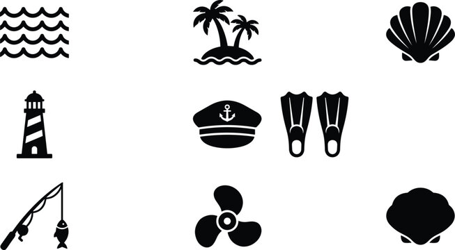 Nautical and summer beach icon set featuring lighthouse palm tree island sea waves marine shells fishing rod captain hat propeller