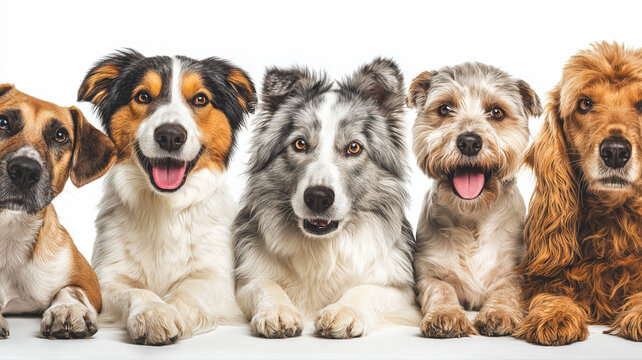 Group portrait of diverse dogs lying down against white background 