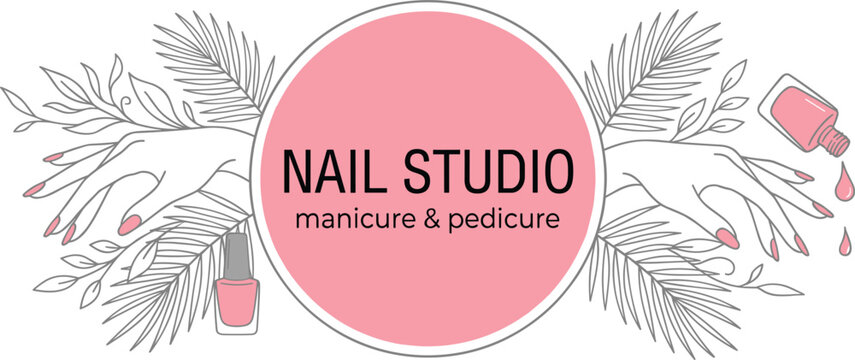 Nail studio logo vector design with line art hands polish bottles and palm leaves on white