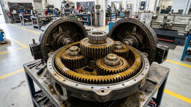 A large gear assembly sits inside an open gear case in a workshop. 
