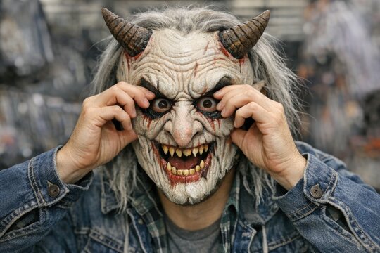 A person wearing a devil mask with their eyes obscured, suitable for Halloween or occult-themed images