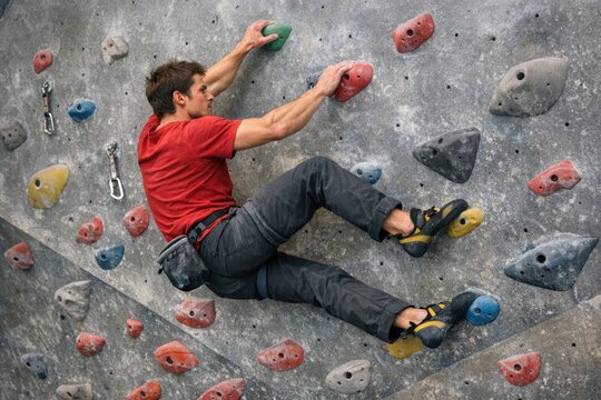 A person climbs up a rocky surface