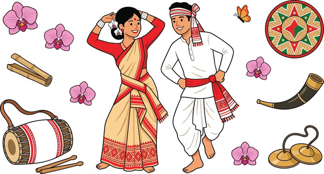 Traditional Assamese Bihu Dance Collection with Folk Dancers, Dhol Drum, Pepa Horn, Cymbals, Jaapi Motif, and Cultural Festival Elements for Vector Designs