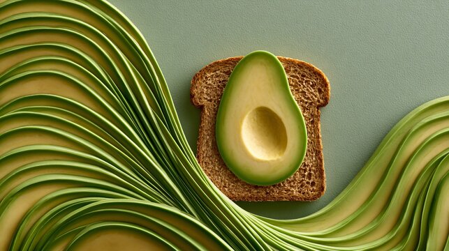 A composition where avocado slices create elegant flowing patterns leading toward a central toast