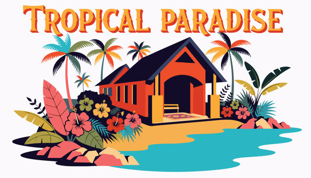 Very beautiful realistic vector illustration of a TROPICAL BEACH BUNGALOW featuring a bold d&eacute;cor label reading "TROPICAL PARADISE", elegant beachfront bungalow surrounded by hibiscus flowers, lush tro
