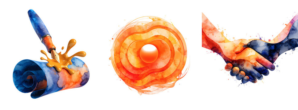 Set of abstract watercolor icons including a pen, a sun, and a handshake symbol isolated on transparent background, illustration