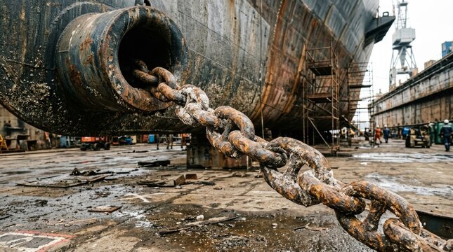 A large rusty ship hull is chained in a shipyard.