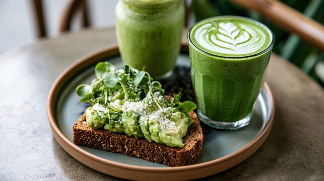 A contemporary health-food caf&eacute; scene featuring avocado toast beside green smoothies on polished concrete