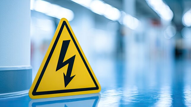 Yellow warning triangle with black lightning bolt symbol on polished floor