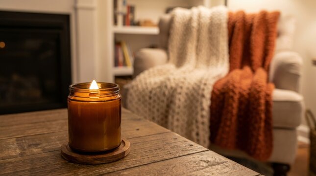 A lit candle sits on a wooden table in a cozy living room.