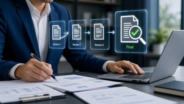 Business professional working with laptop reviewing documents showing document version control and final approval process with magnifying glass.