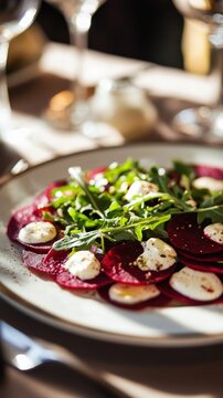 Beetroot Carpaccio with Arugula and Goat Cheese on Elegant Plate Vibrant Red Vegetable Centric Gourmet Dining Concept
