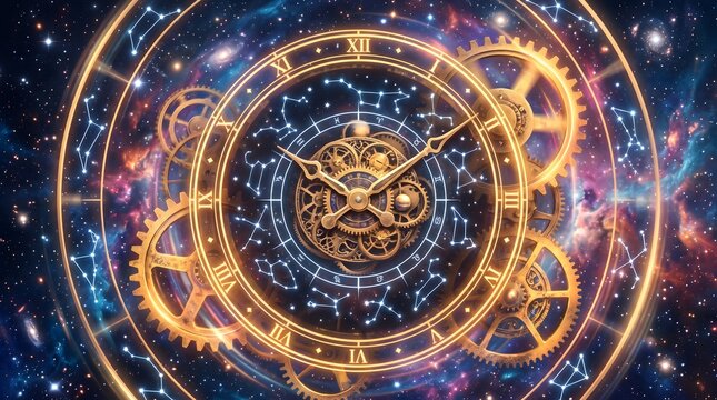 Intricate golden celestial clock floating in a vibrant starry nebula
