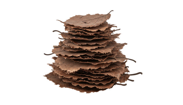 Rustic bark stack on white background, rough tree bark texture layers, natural brown wood material for design
