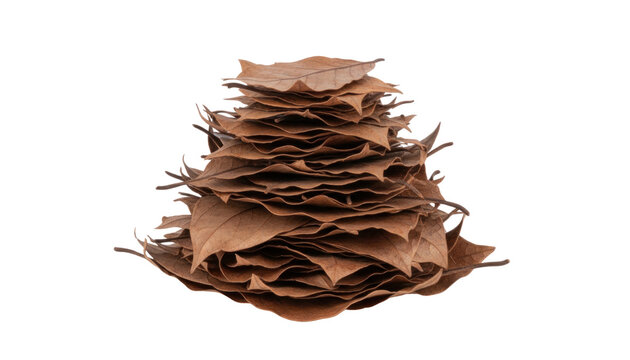 Rustic stack of brown paper sheets, crumpled kraft paper pile isolated on white, recycled packaging texture background