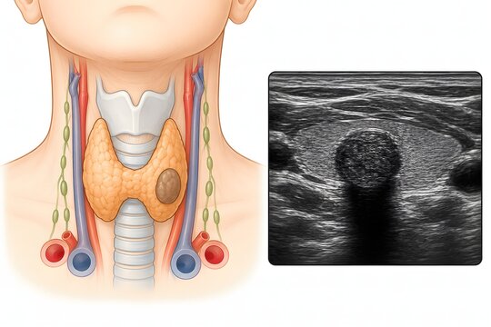 Thyroid nodule anatomy ultrasound diagram, endocrinology medical illustration showing thyroid nodule with ultrasound-style rendering and surrounding anatomy.