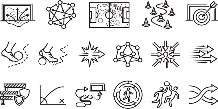 Sports strategy and tactical game planning icons set featuring training drills and team performance analysis.