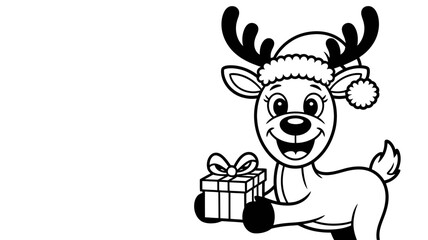 Fototapeta premium Happy christmas reindeer wearing a santa hat holding a wrapped gift with reindeer christmas celebration character