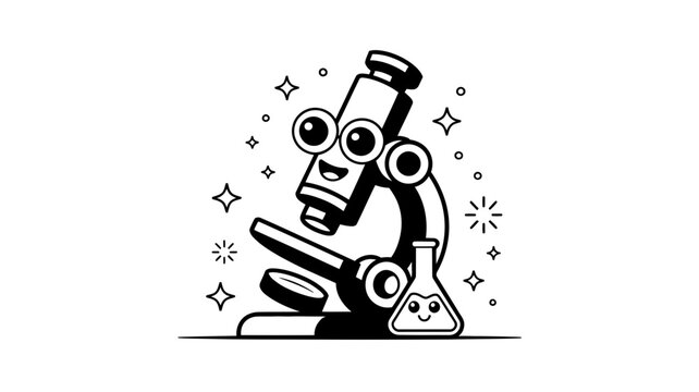 Friendly cartoon microscope and laboratory flask for science education coloring page with microscope, laboratory