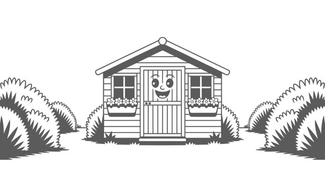 Friendly garden shed cartoon character with flower boxes and surrounding bushes character building structure