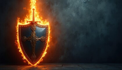 Fototapeta premium Medieval fantasy shield with flaming sword glows on dark grunge background. Ornate metal protection gear burns in bright fire flames. Ancient warrior equipment symbol for war game battle concept.