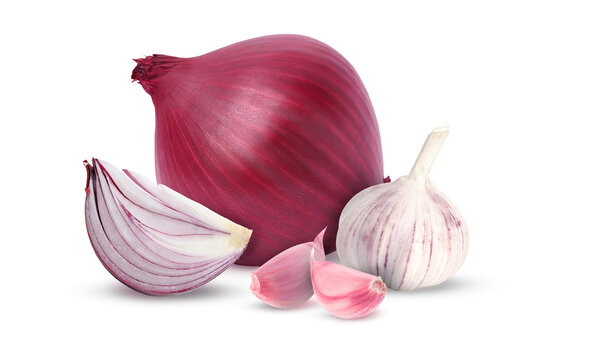 Fresh garlic and onion. Bulbs and cloves isolated on white