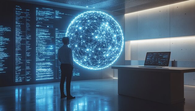 Startup employee looking over business charts, using AI software
