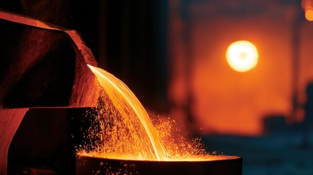 Molten metal cascades into a container, glowing intensely