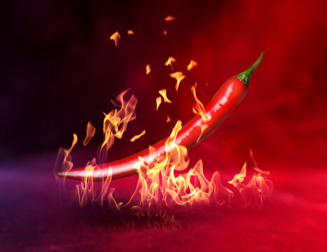 Burning chili pepper in air on bright background