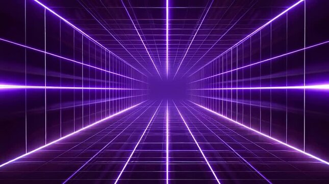 Seamless flight through an endless, futuristic square tunnel illuminated by vibrant purple and pink neon lights, creating a mesmerizing and immersive visual experience for sci fi concepts
