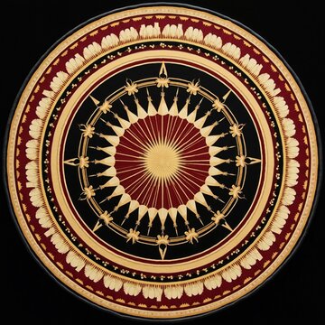 Abstract circular rug texture with casino style aesthetic. Red, black ornate patterns feature gold radial mandala geometry for interior design. Elegant decorative antique motif provides luxury floor
