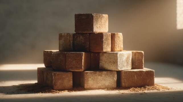 stack of bricks in minimal setting, clean composition, soft natural light, high detail realistic 8k