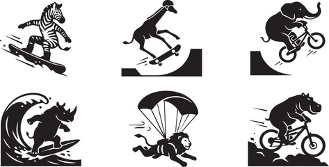 Fototapeta premium Collection of animal athletes performing extreme sports like snowboarding, skateboarding, BMX, and surfing.